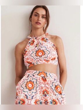 Boden Jessica Halterneck Cotton Crop Top Bloomsbury Floral Womens 10